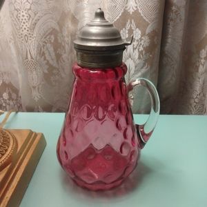Antique Syrup Pitcher with Pewter hinged lid, thumb print blown cranberry glass